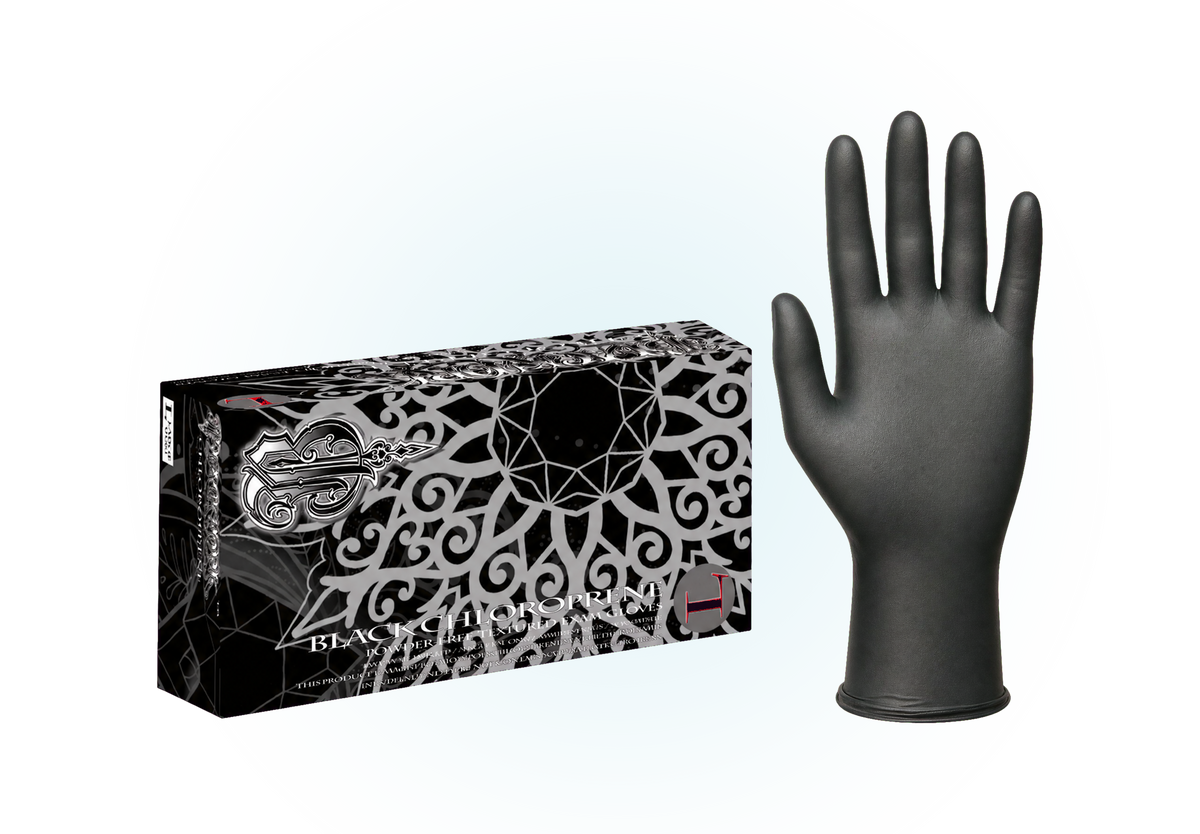 Blackwork black chloroprene exam gloves, box and glove