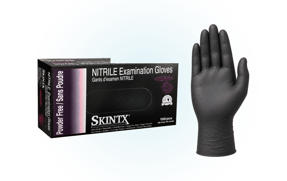 SkinTx black nitrile exam gloves 5 mil, box and glove