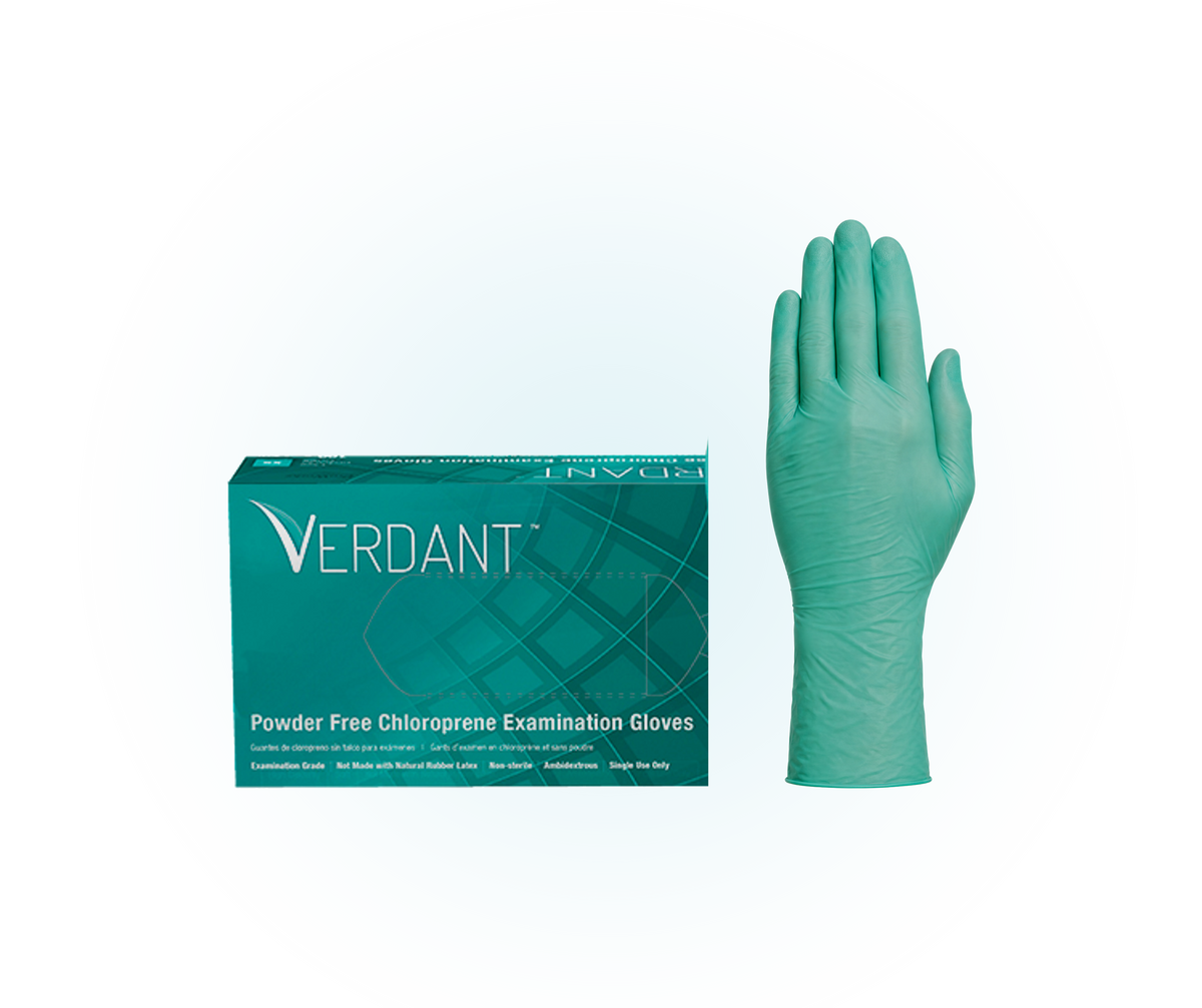 Verdant teal chloroprene powder-free exam gloves, 4 mil, box of 100 and glove