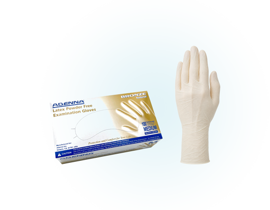 Adenna Bronze natural latex powder-free exam gloves, 5 mil, box of 100 and glove