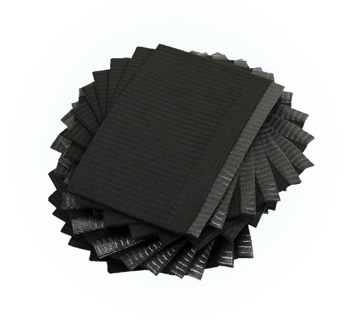 Adenna black 3-ply dental patient bibs, fanned stack