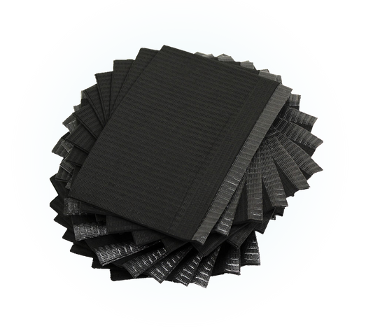 Adenna black 3-ply dental patient bibs, fanned stack