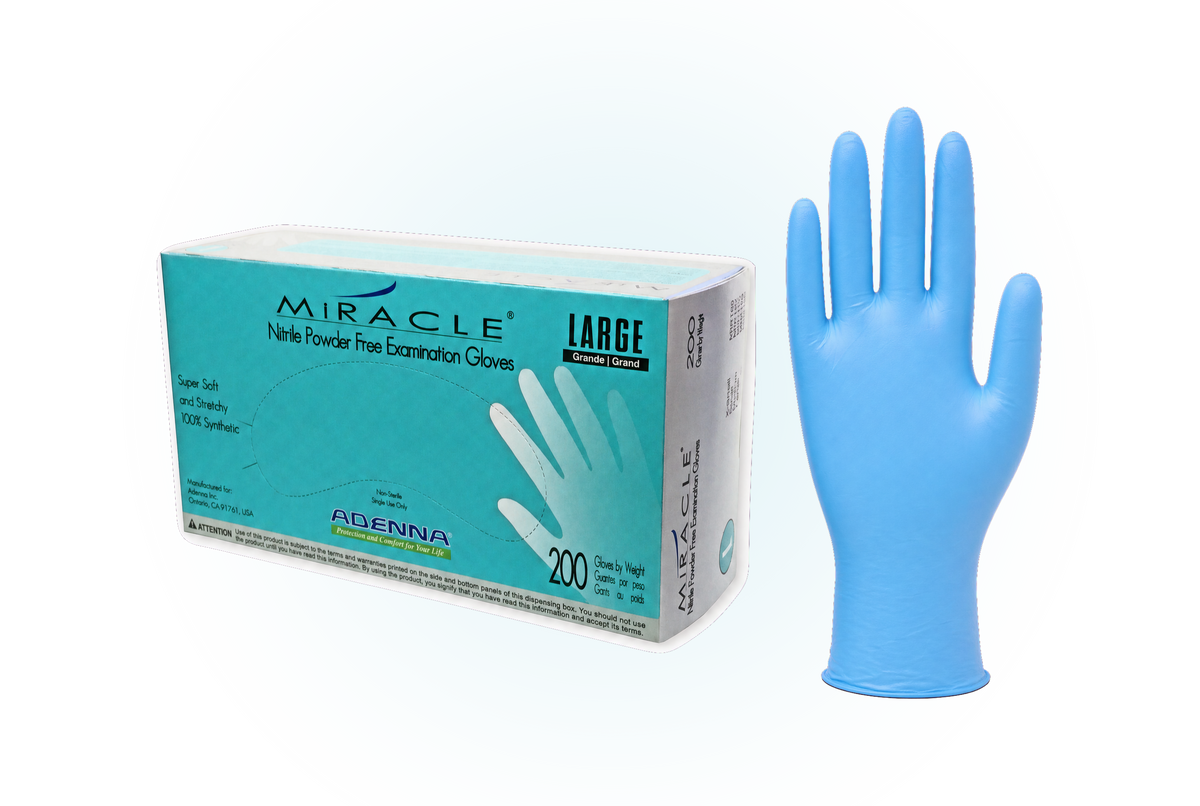Adenna Miracle blue nitrile exam gloves, box and glove