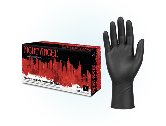 Adenna Night Angel black nitrile exam gloves, box and glove