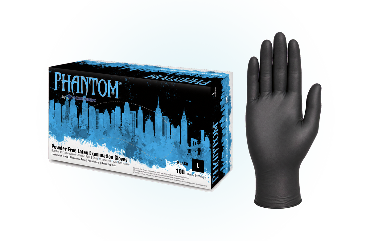 Adenna Phantom black latex exam gloves, box and glove