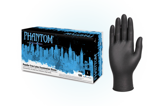 Adenna Phantom black latex exam gloves, box and glove