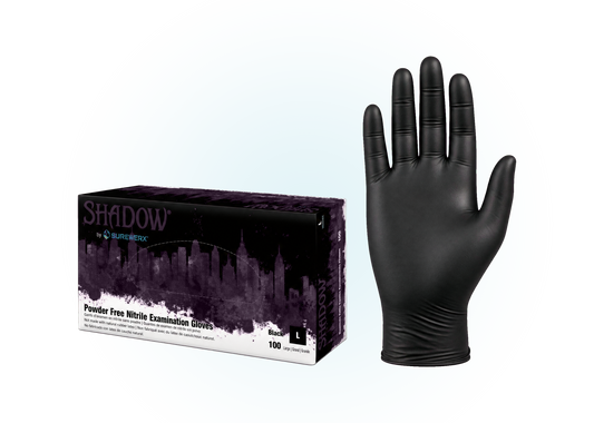 Adenna Shadow black nitrile exam gloves 6 mil, box and glove