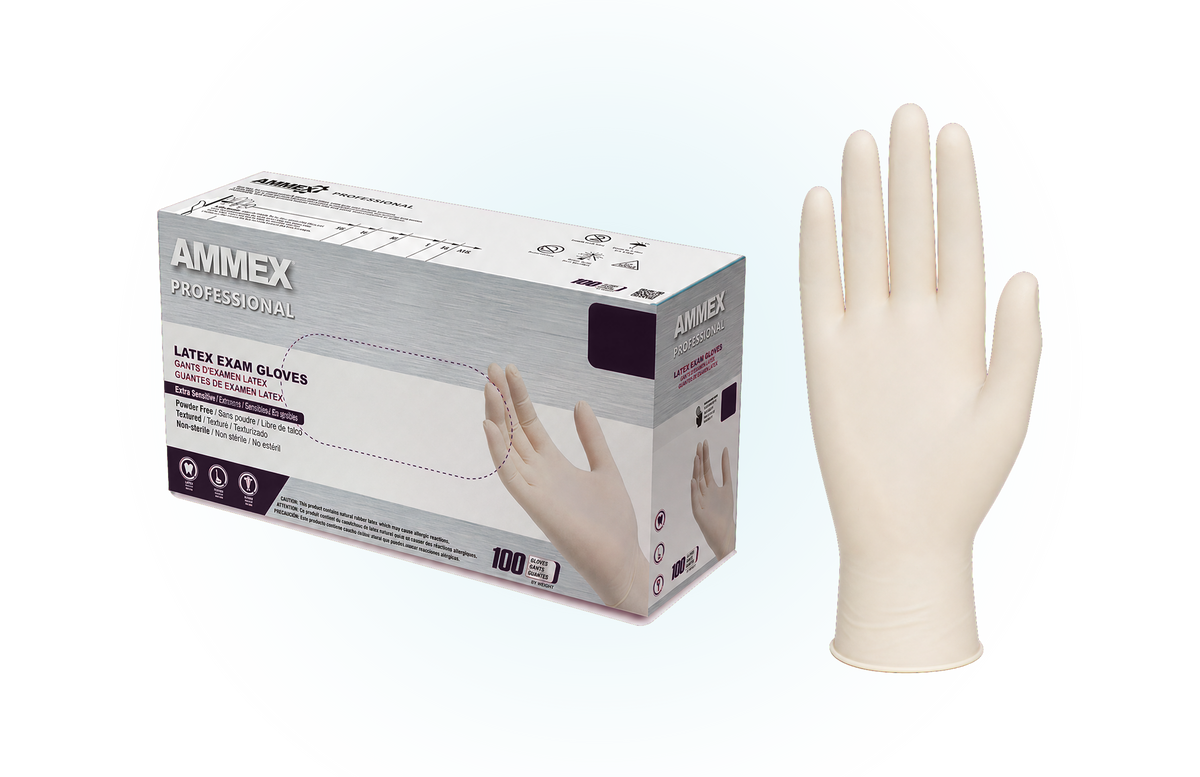 AMMEX ivory latex powder-free exam gloves, box and glove