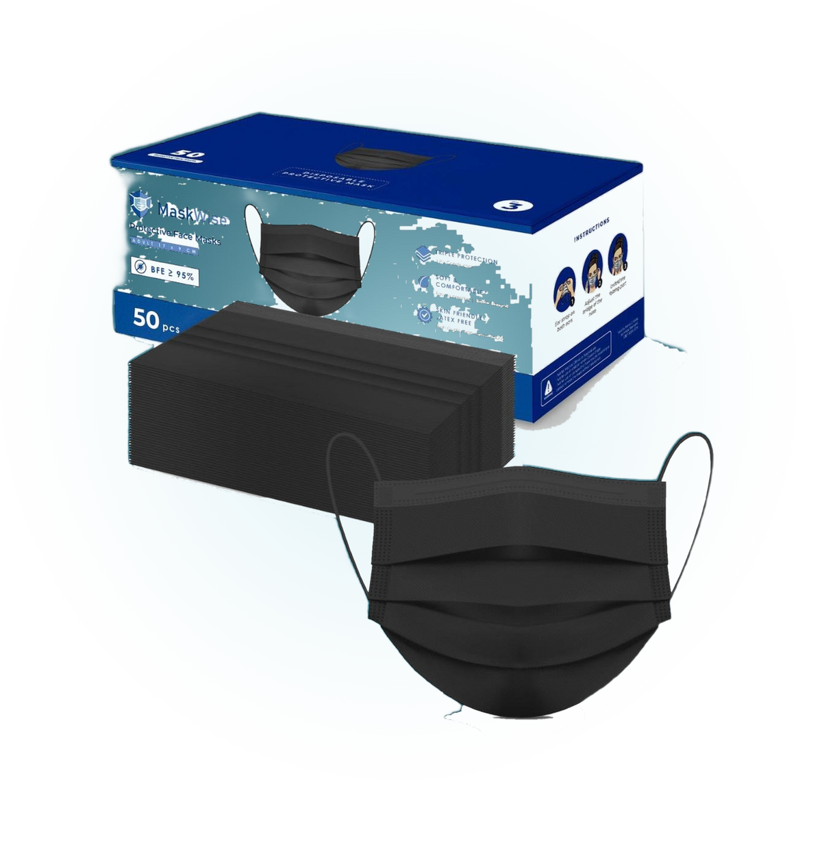 Black disposable 3-ply face masks with dispenser box