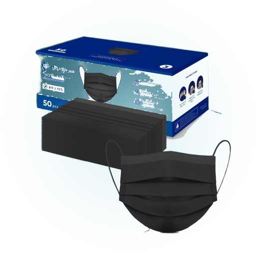 Black disposable 3-ply face masks with dispenser box