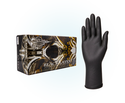 Blackwork black latex exam gloves 6 mil, box and glove