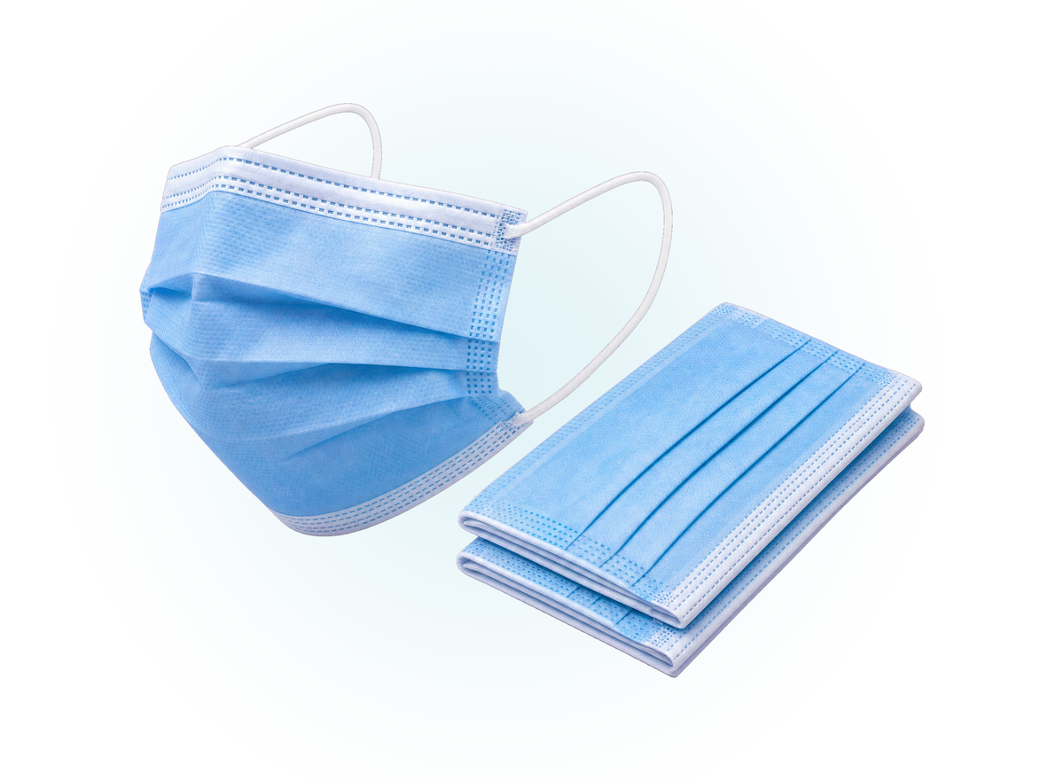 Blue disposable 3-ply pleated face masks