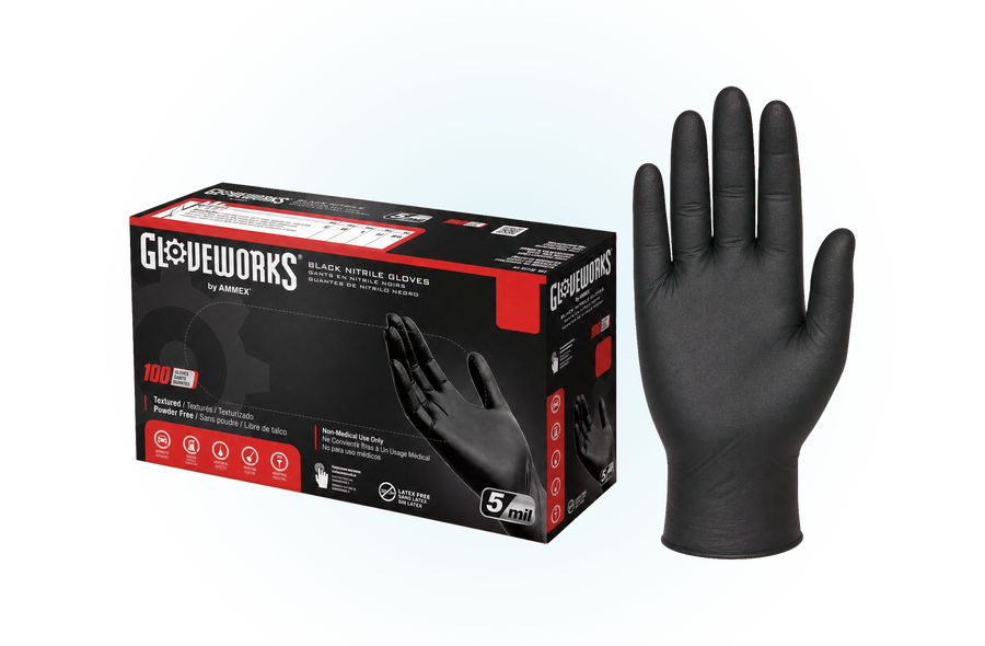 GloveWorks Black Nitrile Powder-Free Gloves, 5 mil
