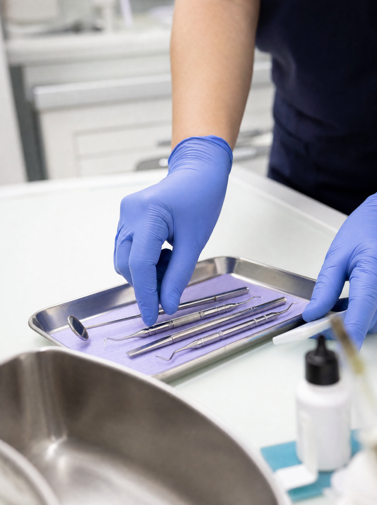 Gloved hands arranging sterilised dental instruments on a tray