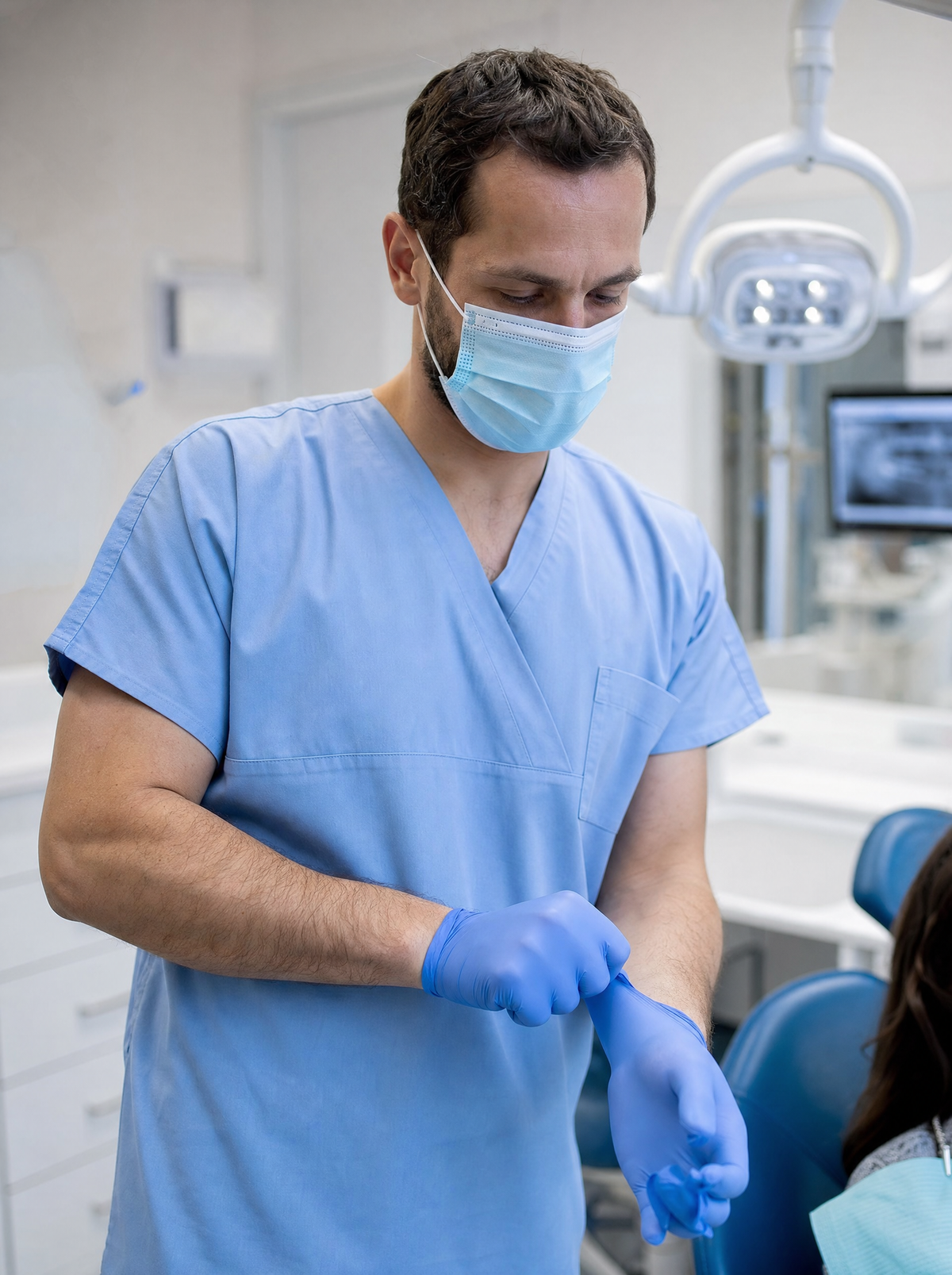 Dentist in scrubs and mask pulling on a blue nitrile examination glove