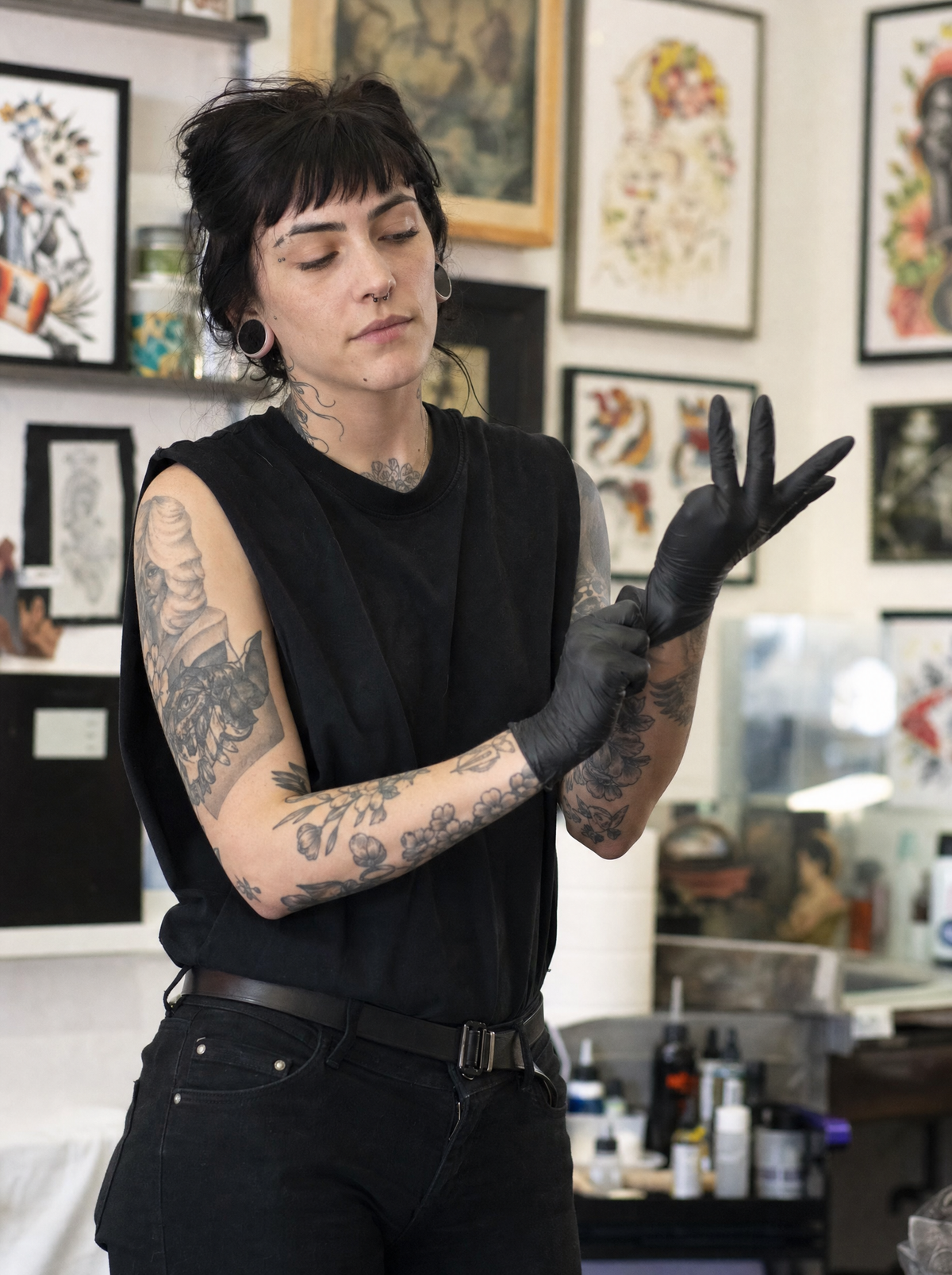 Tattoo artist pulling on a black nitrile glove before starting work