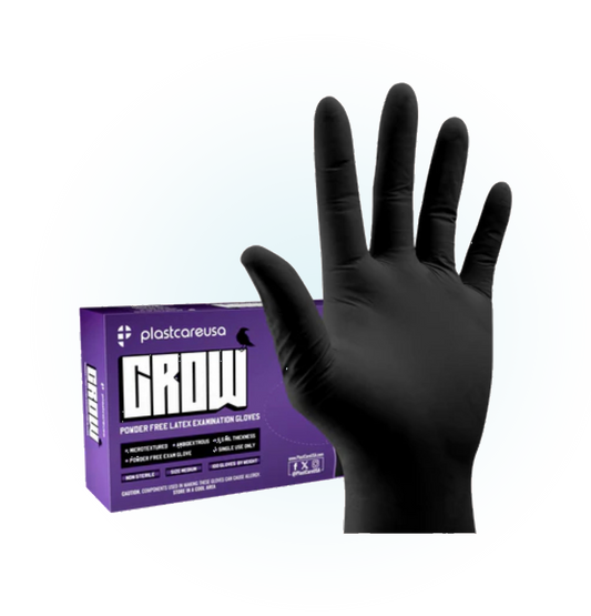 PlastCare USA black latex exam gloves, box and glove