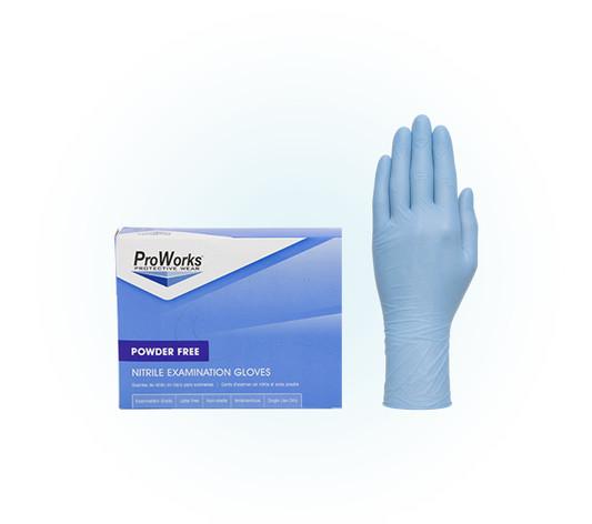 ProWorks blue nitrile powder-free exam gloves, box of 100 and glove
