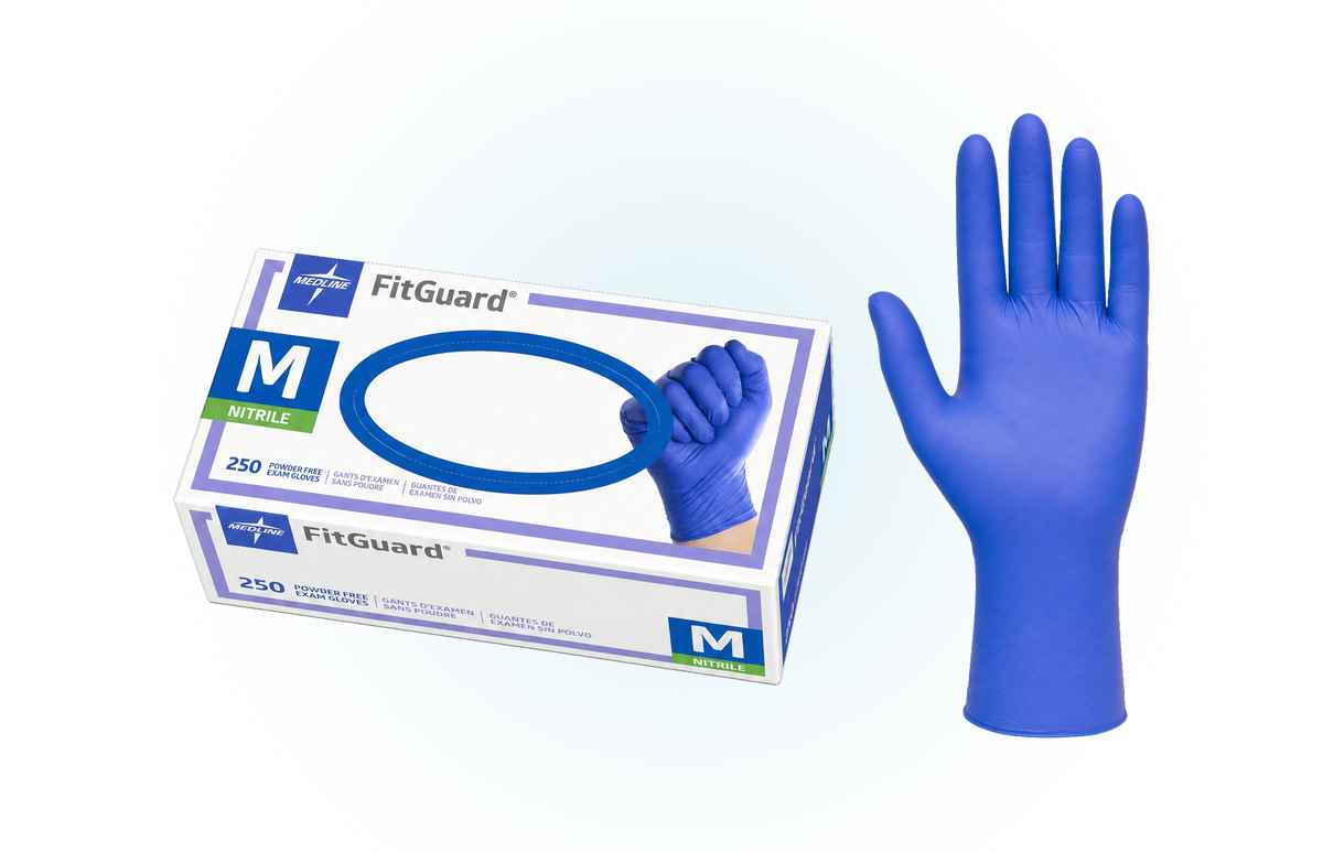 Medline FitGuard blue nitrile exam gloves, box and glove