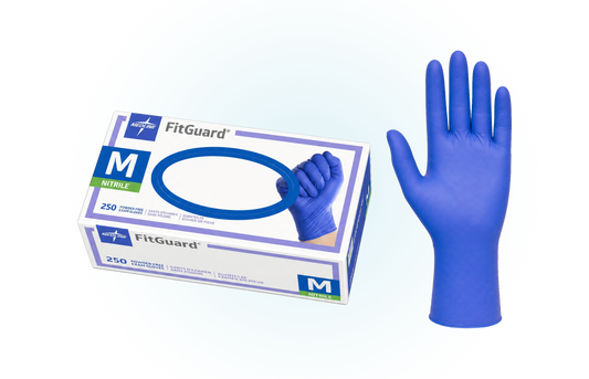 Medline FitGuard blue nitrile exam gloves, box and glove