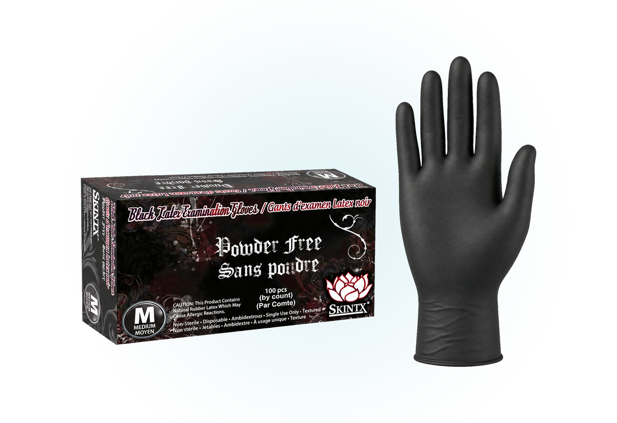 SkinTx black latex exam gloves, box and glove