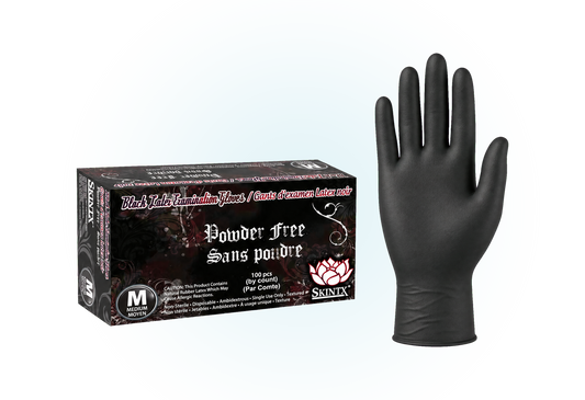 SkinTx black latex exam gloves, box and glove