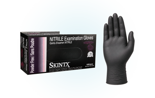 SkinTx black nitrile exam gloves 5 mil, box and glove