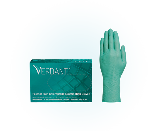 Verdant teal chloroprene powder-free exam gloves, 4 mil, box of 100 and glove